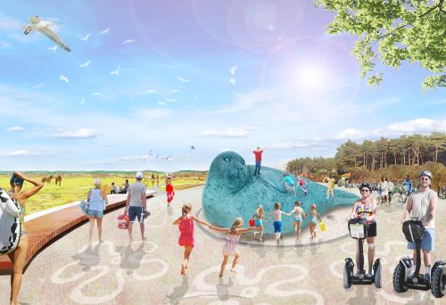 artist impression van het duinplein met mensen rondom beeld van een zeehond